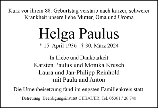 Traueranzeige von Helga Paulus von Wolfsburger Nachrichten