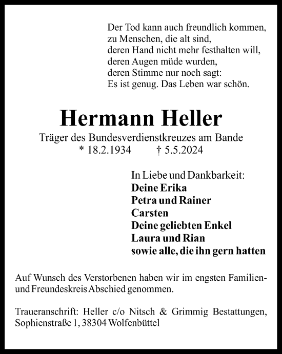 Traueranzeige von Hermann Heller von Wolfenbütteler Zeitung