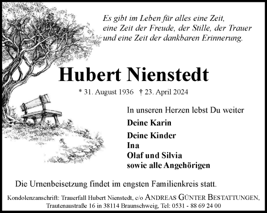 Traueranzeige von Hubert Nienstedt von Braunschweiger Zeitung