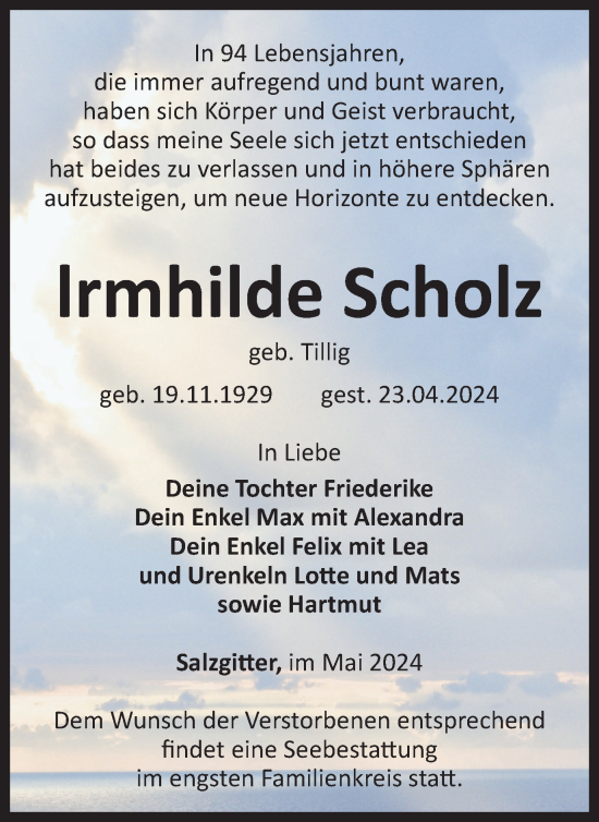 Traueranzeige von Irmhilde Scholz von Salzgitter-Zeitung