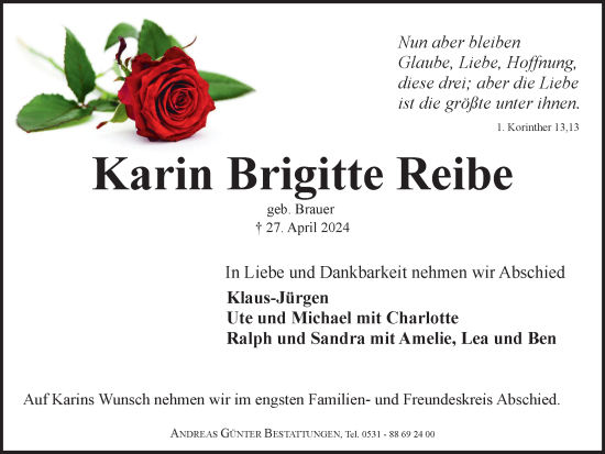 Traueranzeige von Karin Brigitte Reibe von Braunschweiger Zeitung