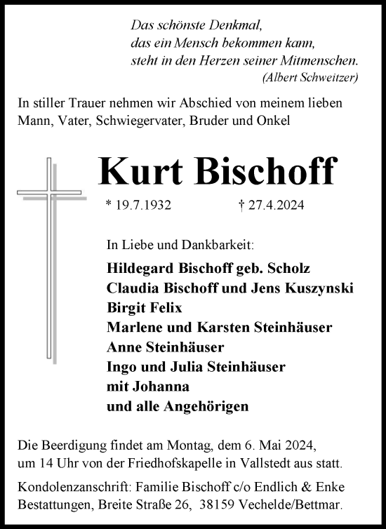 Traueranzeige von Kurt Bischoff von Braunschweiger Zeitung