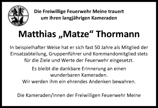 Traueranzeige von Matthias  Thormann von Wolfsburger Nachrichten