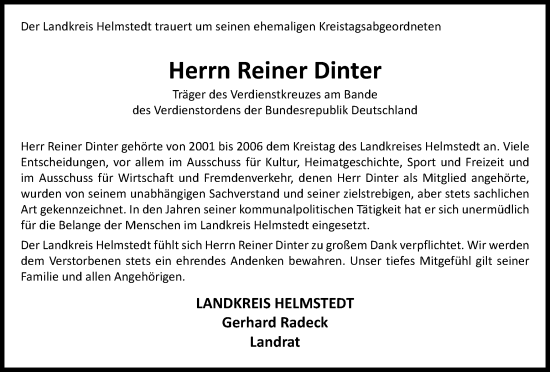 Traueranzeige von Reiner Dinter von Helmstedter Nachrichten