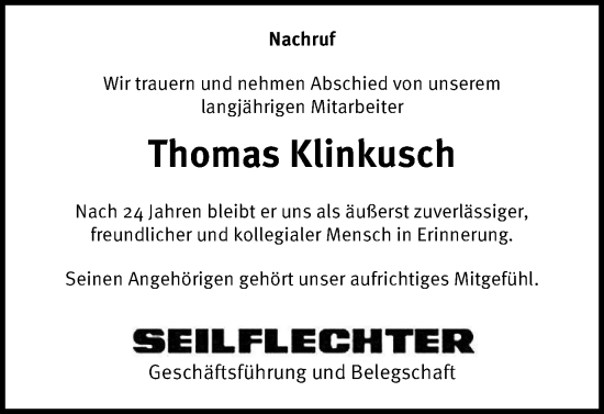 Traueranzeige von Thomas Klinkusch von Braunschweiger Zeitung