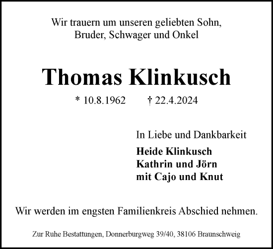 Traueranzeige von Thomas Klinkusch von Braunschweiger Zeitung