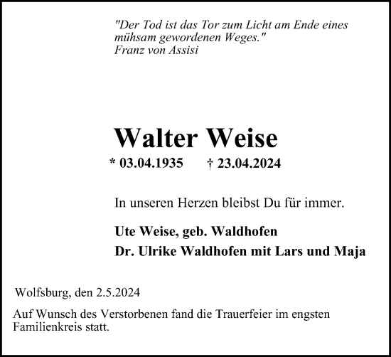 Traueranzeige von Walter Weise von Wolfsburger Nachrichten