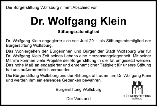 Traueranzeige von Wolfgang Klein von Wolfsburger Nachrichten