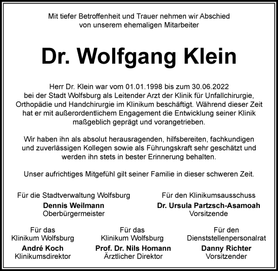Traueranzeige von Wolfgang Klein von Braunschweiger Zeitung