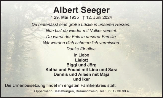 Traueranzeige von Albert Seeger von Braunschweiger Zeitung