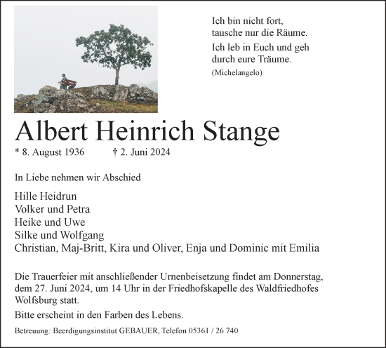Traueranzeige von Albert Heinrich Stange von Wolfsburger Nachrichten