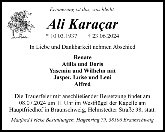 Traueranzeige von Ali Karacar von Braunschweiger Zeitung