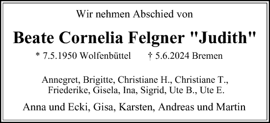 Traueranzeige von Beate Cornelia Felgner von Wolfenbütteler Zeitung