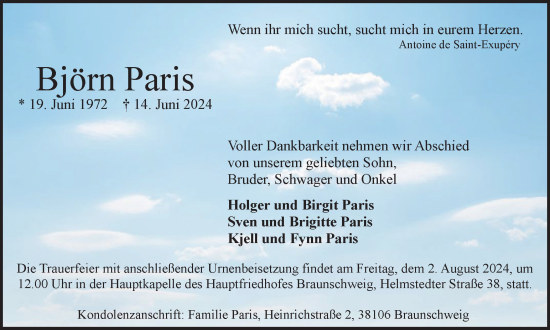 Traueranzeige von Björn Paris von Braunschweiger Zeitung