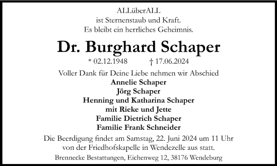Traueranzeige von Burghard Schaper von Braunschweiger Zeitung