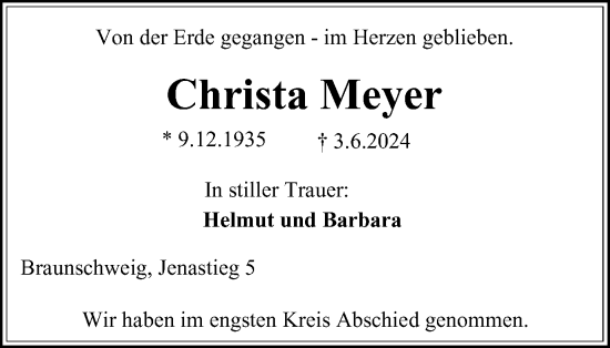 Traueranzeige von Christa Meyer von Braunschweiger Zeitung