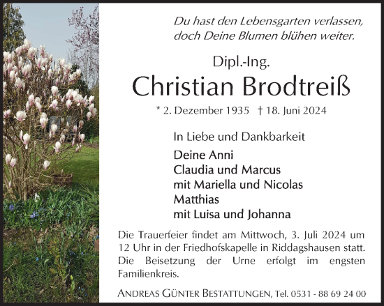 Traueranzeige von Christian Brodtreiß von Braunschweiger Zeitung