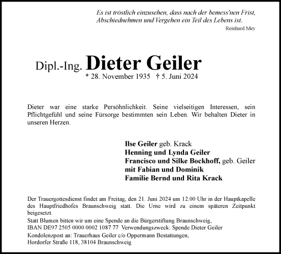 Traueranzeige von Dieter Geiler von Braunschweiger Zeitung