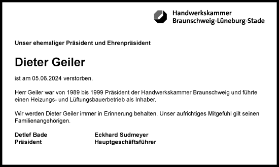 Traueranzeige von Dieter Geiler von Braunschweiger Zeitung