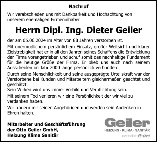 Traueranzeige von Dieter Geiler von Braunschweiger Zeitung