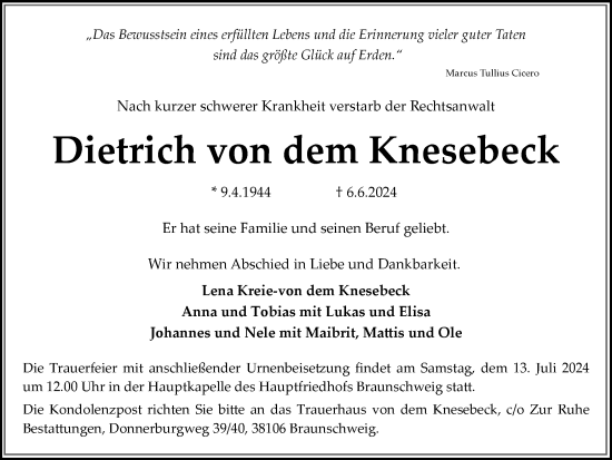 Traueranzeige von Dietrich von dem Knesebeck von Braunschweiger Zeitung