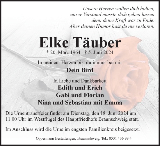Traueranzeige von Elke Täuber von Braunschweiger Zeitung