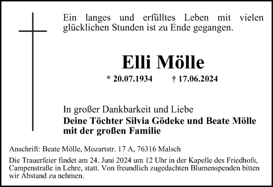 Traueranzeige von Elli Mölle von Helmstedter Nachrichten