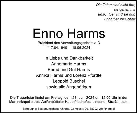 Traueranzeige von Enno Harms von Wolfenbütteler Zeitung