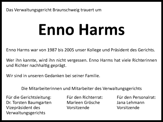 Traueranzeige von Enno Harms von Braunschweiger Zeitung