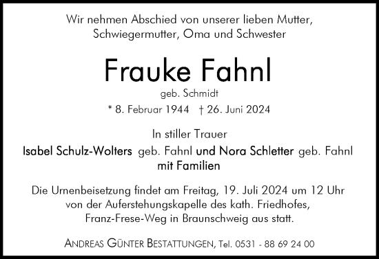 Traueranzeige von Frauke Fahnl von Braunschweiger Zeitung