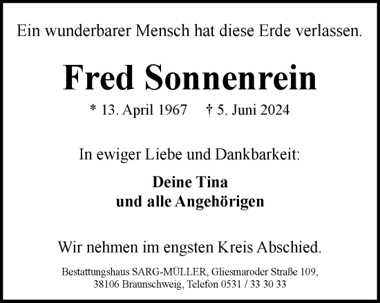Traueranzeige von Fred Sonnenrein von Braunschweiger Zeitung