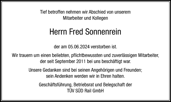 Traueranzeige von Fred Sonnenrein von Braunschweiger Zeitung