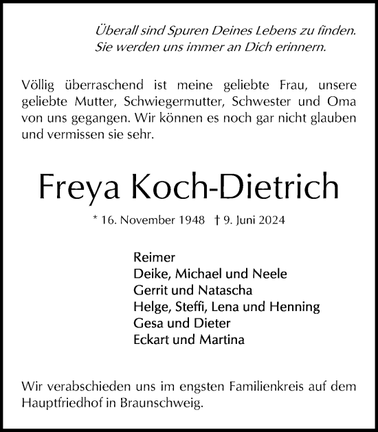 Traueranzeige von Freya Koch-Dietrich von Braunschweiger Zeitung