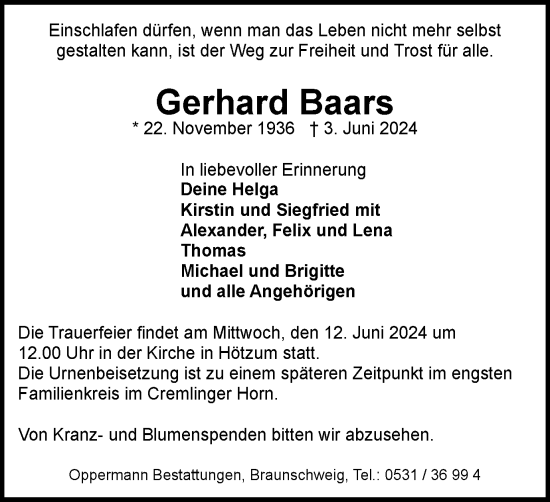Traueranzeige von Gerhard Baars von Braunschweiger Zeitung