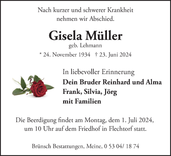 Traueranzeige von Gisela Müller von Helmstedter Nachrichten