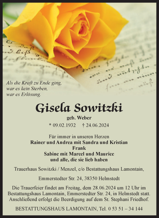 Traueranzeige von Gisela Sowitzki von Helmstedter Nachrichten