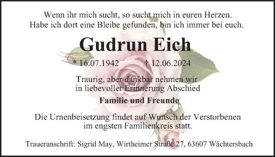 Traueranzeige von Gudrun Eich von Wolfenbütteler Zeitung