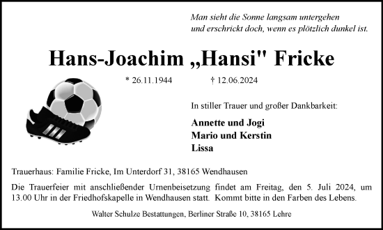 Traueranzeige von Hans-Joachim Fricke von Braunschweiger Zeitung
