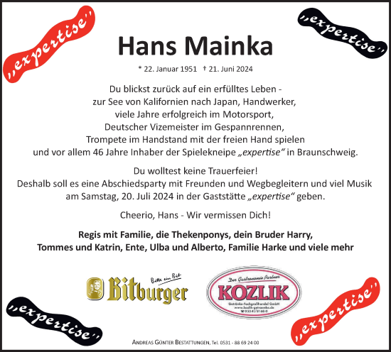 Traueranzeige von Hans Mainka von Braunschweiger Zeitung
