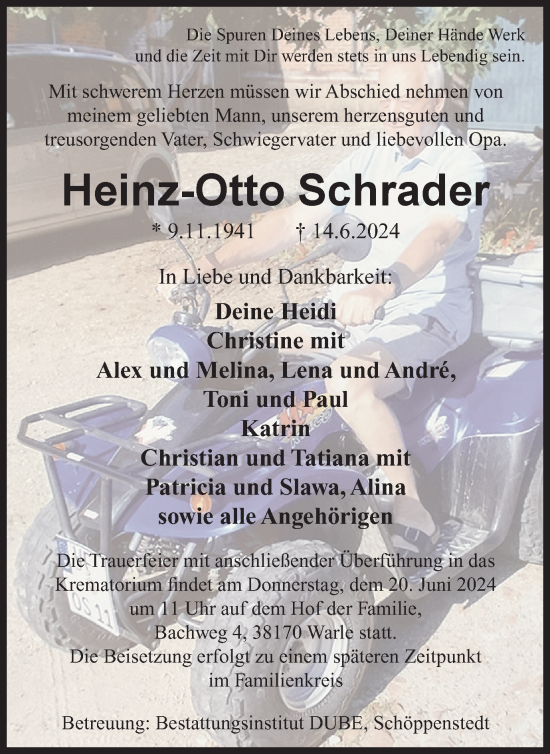 Traueranzeige von Heinz-Otto Schrader von Wolfenbütteler Zeitung