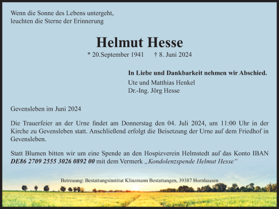 Traueranzeige von Helmut Hesse von Braunschweiger Zeitung