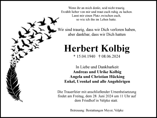 Traueranzeige von Herbert Kolbig von Wolfsburger Nachrichten