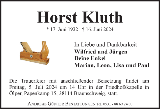 Traueranzeige von Horst Kluth von Braunschweiger Zeitung