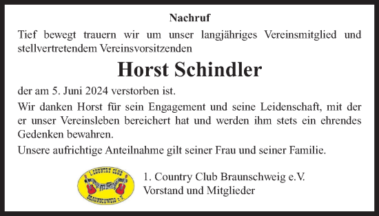 Traueranzeige von Horst Schindler von Braunschweiger Zeitung