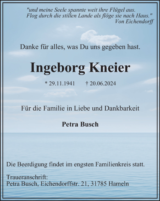 Traueranzeige von Ingeborg Kneier von Braunschweiger Zeitung