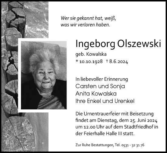 Traueranzeige von Ingeborg Olszewski von Braunschweiger Zeitung
