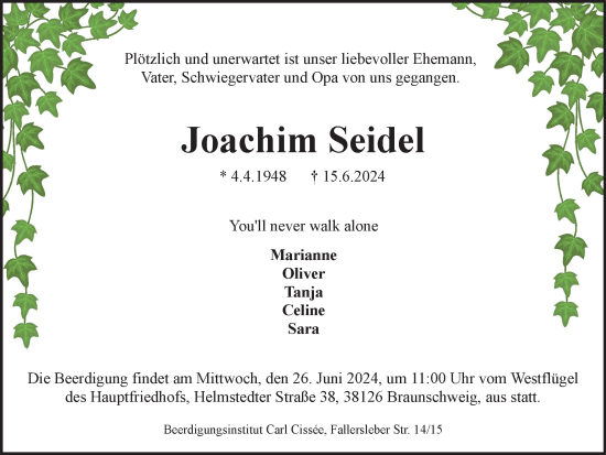 Traueranzeige von Joachim Seidel von Braunschweiger Zeitung