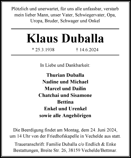 Traueranzeige von Klaus Duballa von Braunschweiger Zeitung