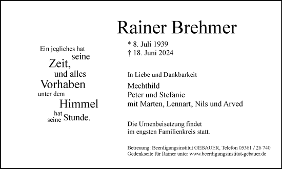 Traueranzeige von Rainer Brehmer von Wolfsburger Nachrichten
