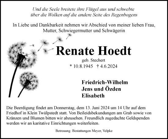Traueranzeige von Renate Hoedt von Wolfsburger Nachrichten